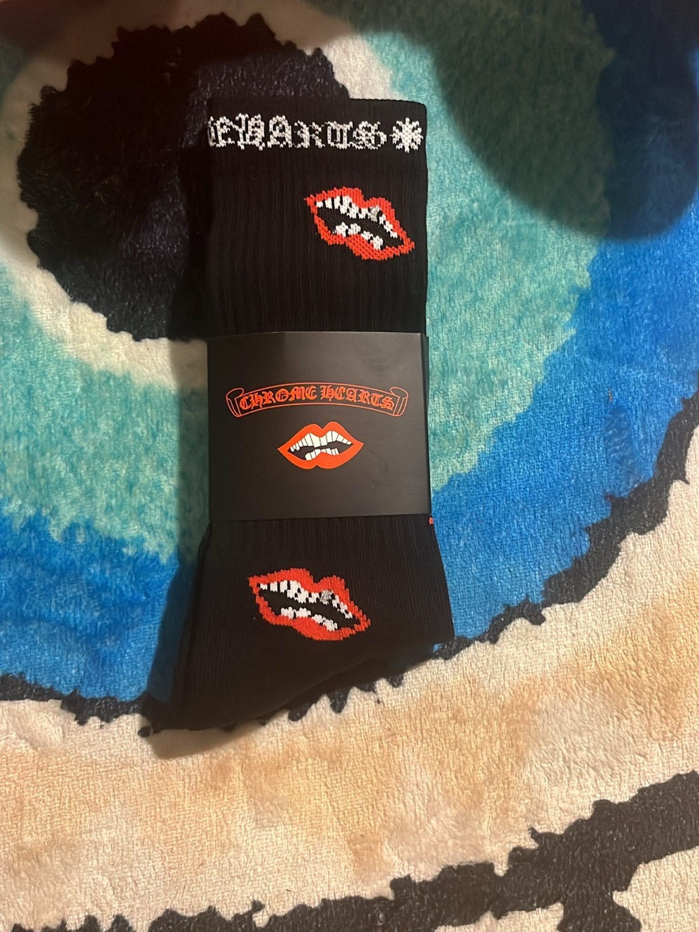 Chrome Hearts Black Crew Socks with Red Lip Motif